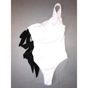 Brazilian NWT A-Frame 1 piece Bathing Suit White with 3 Black Wide Ties Stunning